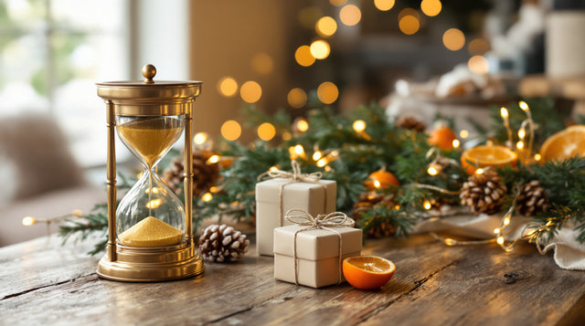 Nature morte de Noël : sablier en laiton, paquets cadeaux en papier kraft et branches de sapin sur une table en bois