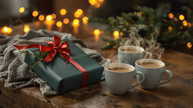 Cadeau emballé, pull gris plié, brin de gui et deux tasses fumantes sur une table en bois à Noël