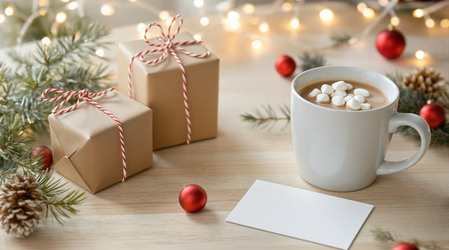 Trois petits paquets en papier kraft, un mug de chocolat chaud et une carte avec son enveloppe sur une table de Noël