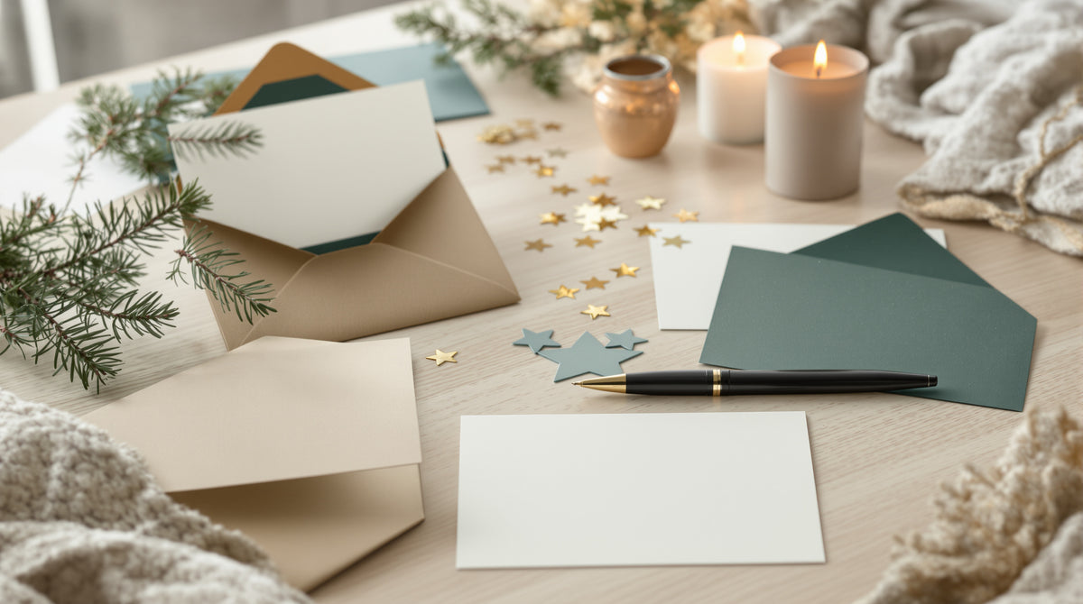 Cartes de vœux vierges, enveloppes, stylo plume et branches de sapin sur une table en bois