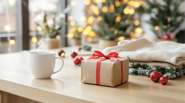 Petit cadeau en papier kraft, mug fumant et sac en coton sur un bureau en bois décoré pour Noël