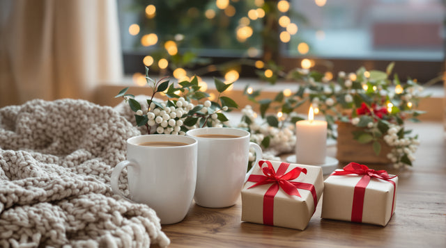Deux tasses de chocolat chaud, brin de gui, plaid en laine et deux petits paquets cadeaux sur une table basse