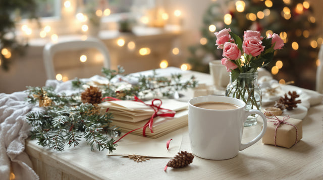 Roses, tasse de chocolat chaud, lettres nouées d'un ruban rouge et petit paquet cadeau de Noël sur une table en bois