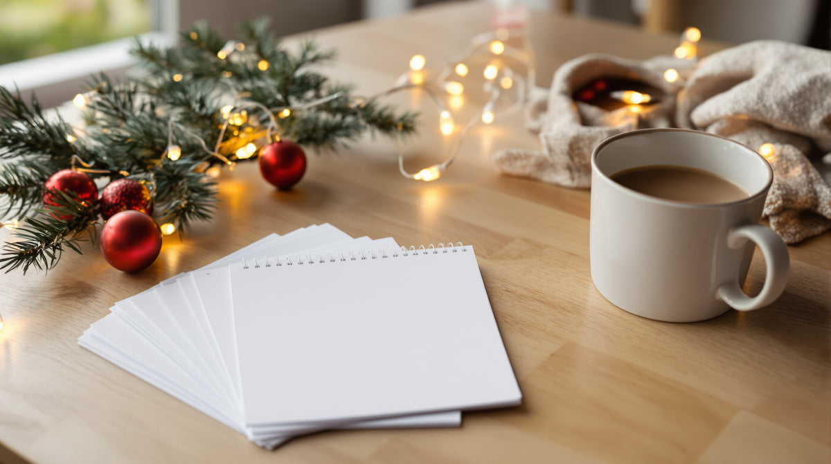 Tirages photo vierges et calendrier à spirale posés sur une table en bois, avec branche de sapin et boules de Noël