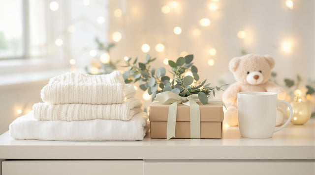Petit body blanc plié, ourson en tricot, boule de Noël dorée et paquets kraft sur une commode en bois clair