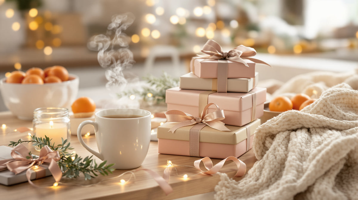 Tasse de thé fumante, paquets cadeaux roses et kraft, clémentines et bougie sur une table en bois clair à Noël