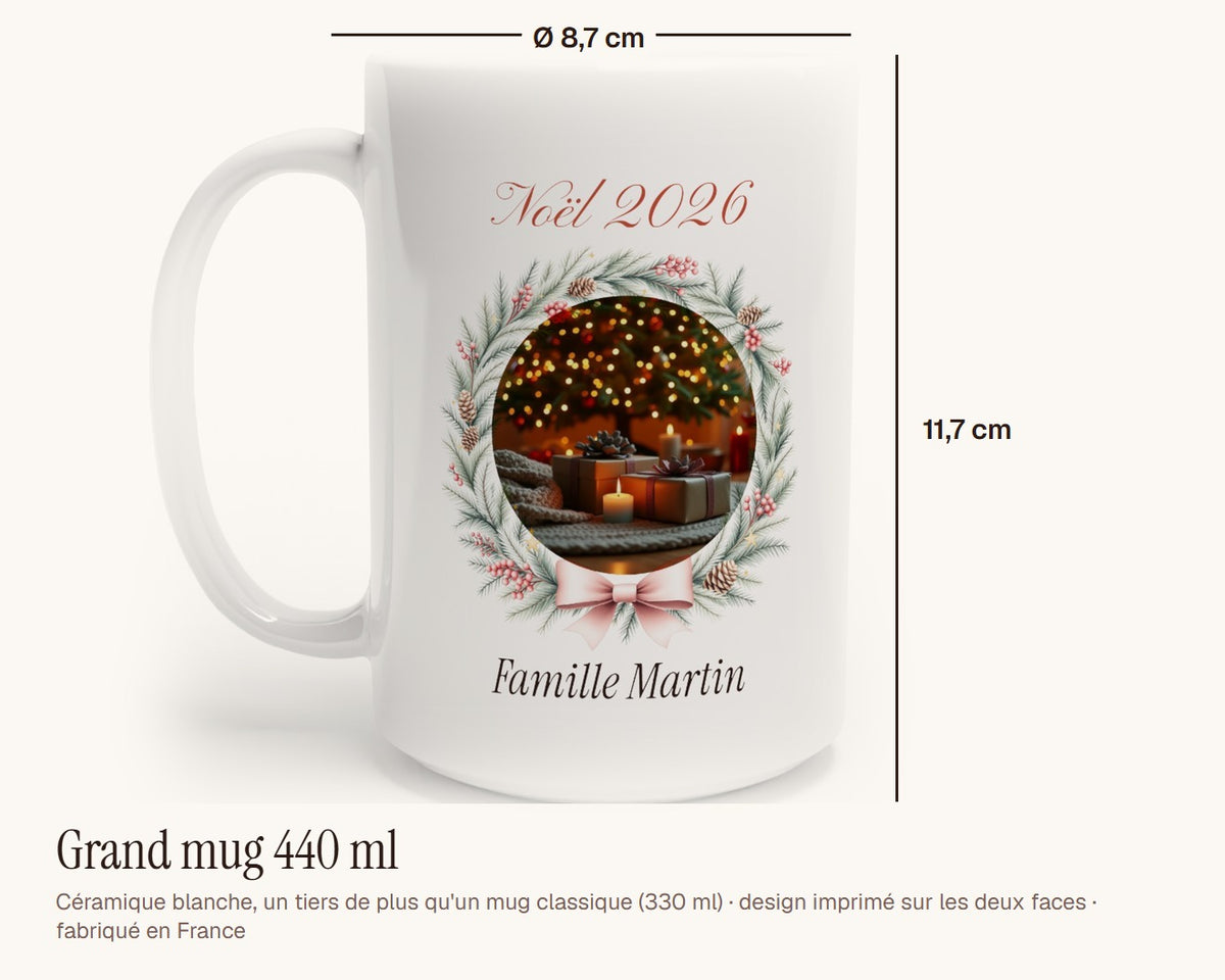 Mug photo de Noël personnalisé pour la famille – grand mug 440 ml, 11,7 cm de haut