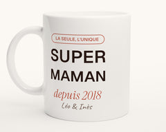 Mug personnalisé « Super Maman » avec l'année et les prénoms