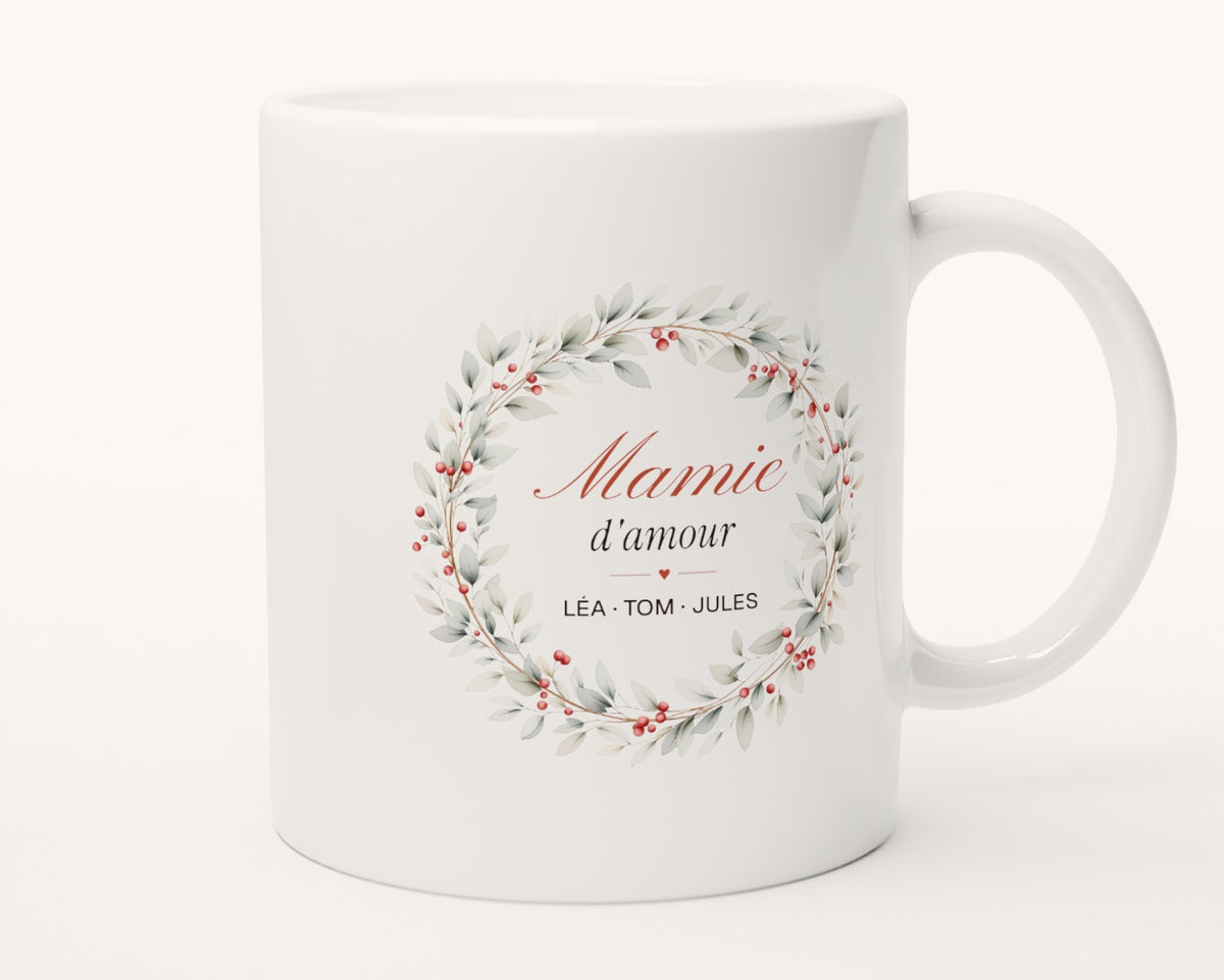 Mug personnalisé « Mamie d'amour » avec les prénoms – autre face, anse à droite