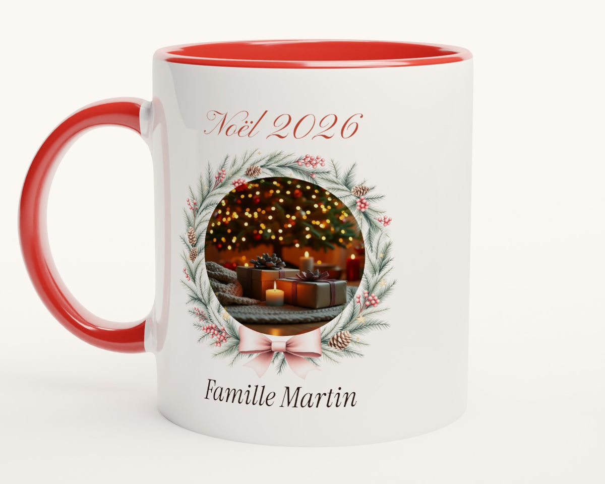 Mug photo de Noël personnalisé pour la famille – intérieur et anse rouges