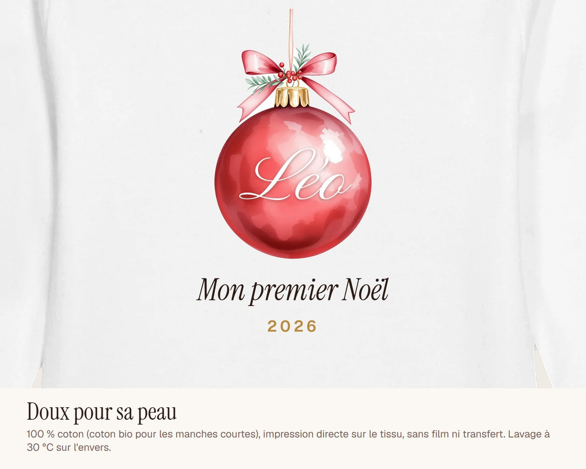 Body bébé « Mon premier Noël » personnalisé avec prénom – gros plan sur l'impression