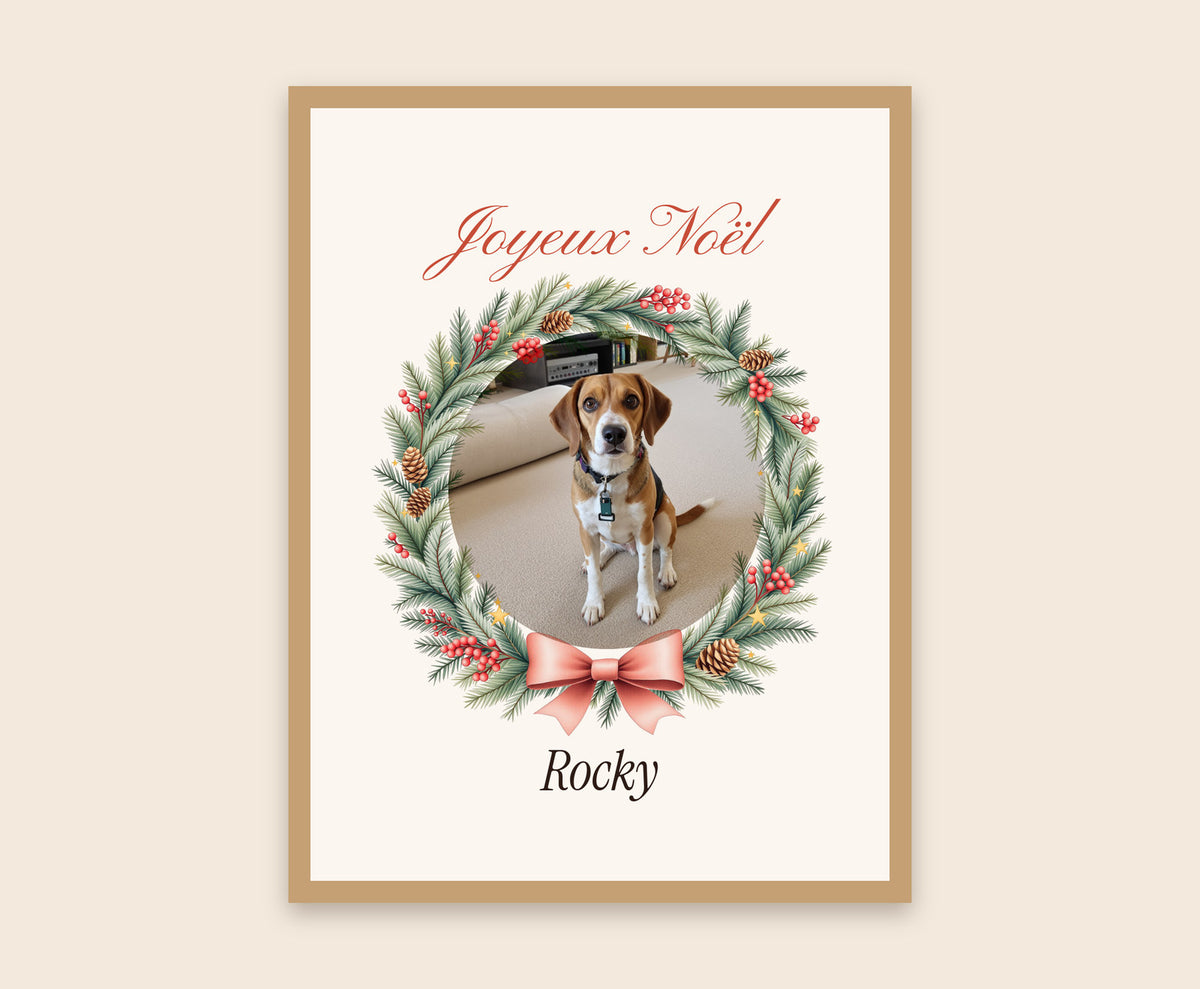 Affiche de Noël avec la photo de votre chien – Affiche encadrée bois