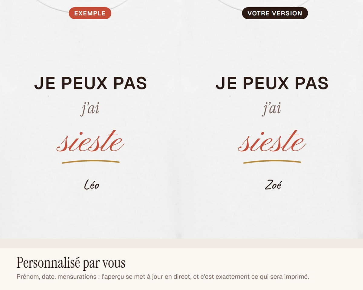 Body bébé « Je peux pas, j'ai sieste » personnalisé – exemple de personnalisation