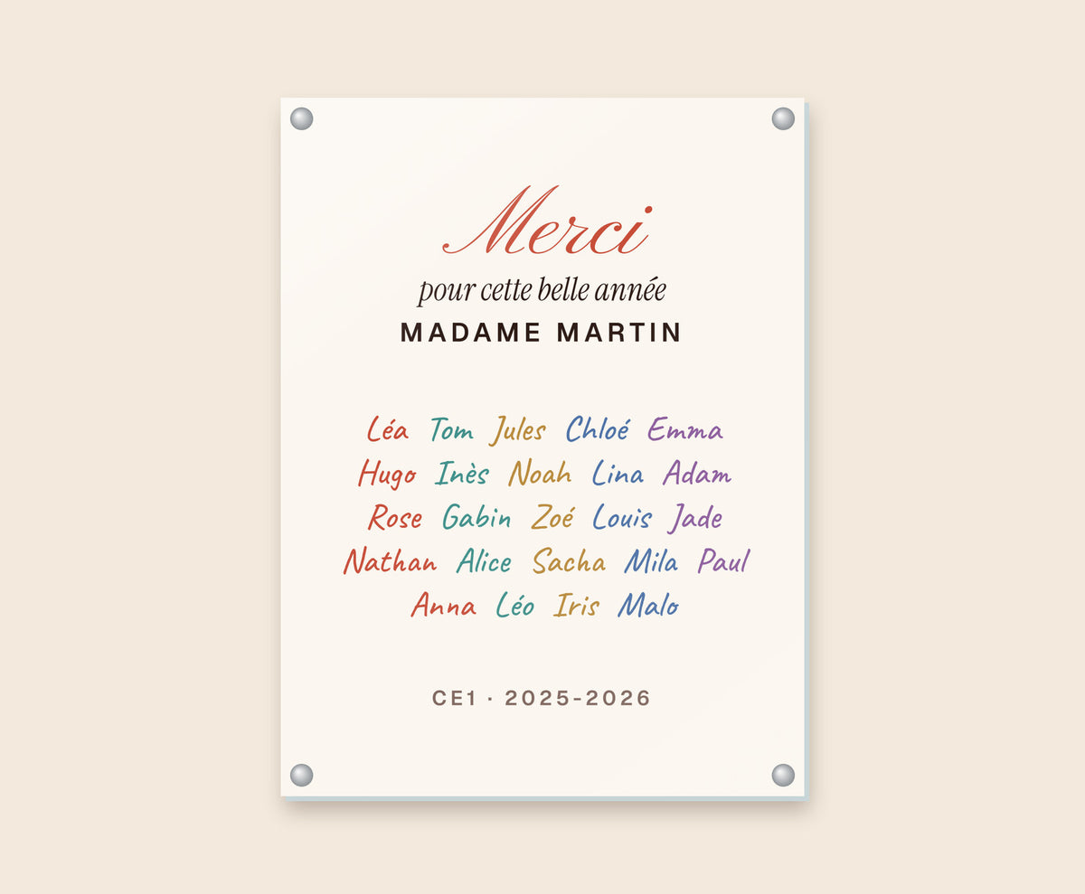 Affiche « Merci » avec les prénoms de toute la classe – Tableau plexi 30×40 cm