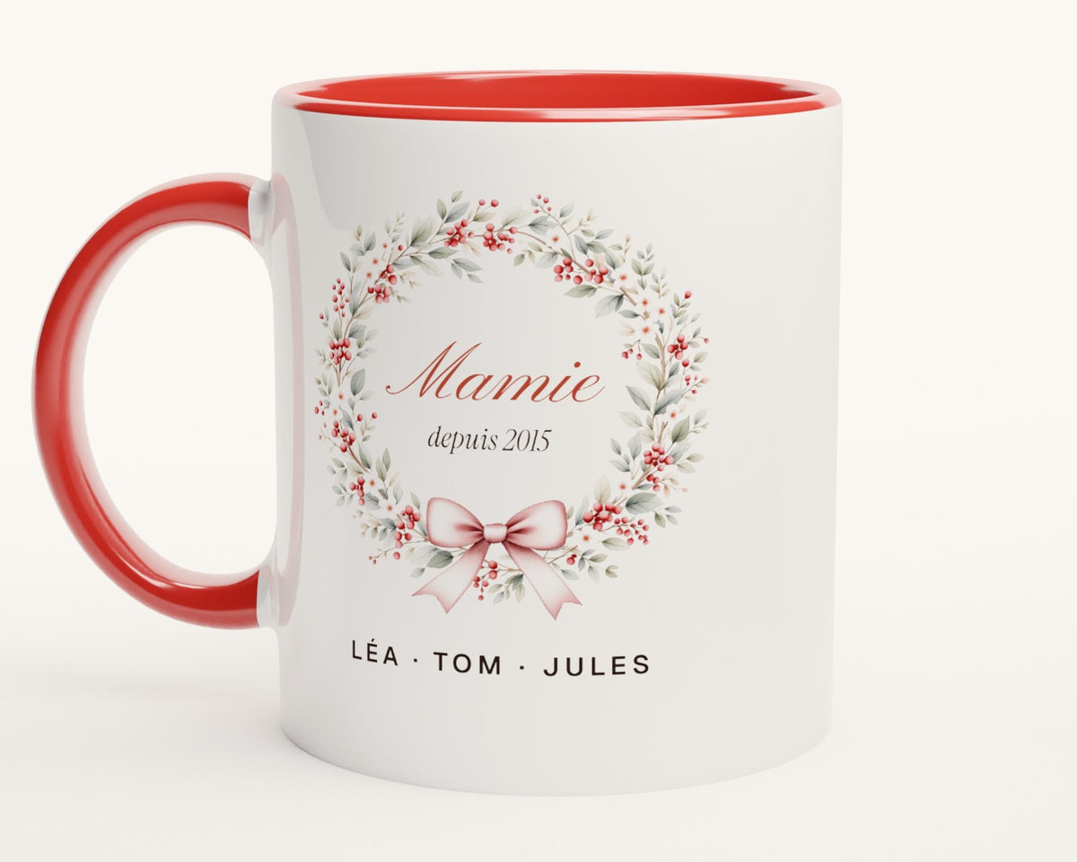 Mug « Mamie » couronne de feuillage personnalisé – intérieur et anse rouges