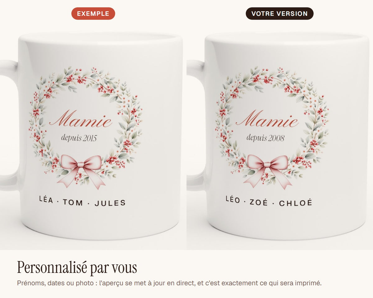 Mug « Mamie » couronne de feuillage personnalisé – exemple de personnalisation