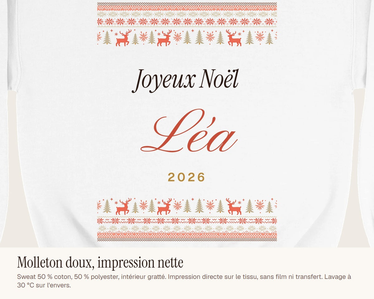 Pull de Noël personnalisé avec prénom (sweat) – gros plan sur l'impression
