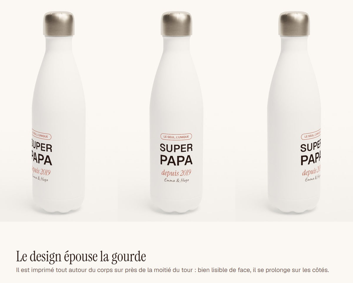 Gourde « Super Papa » personnalisée avec les prénoms – le design vu de face et de côté