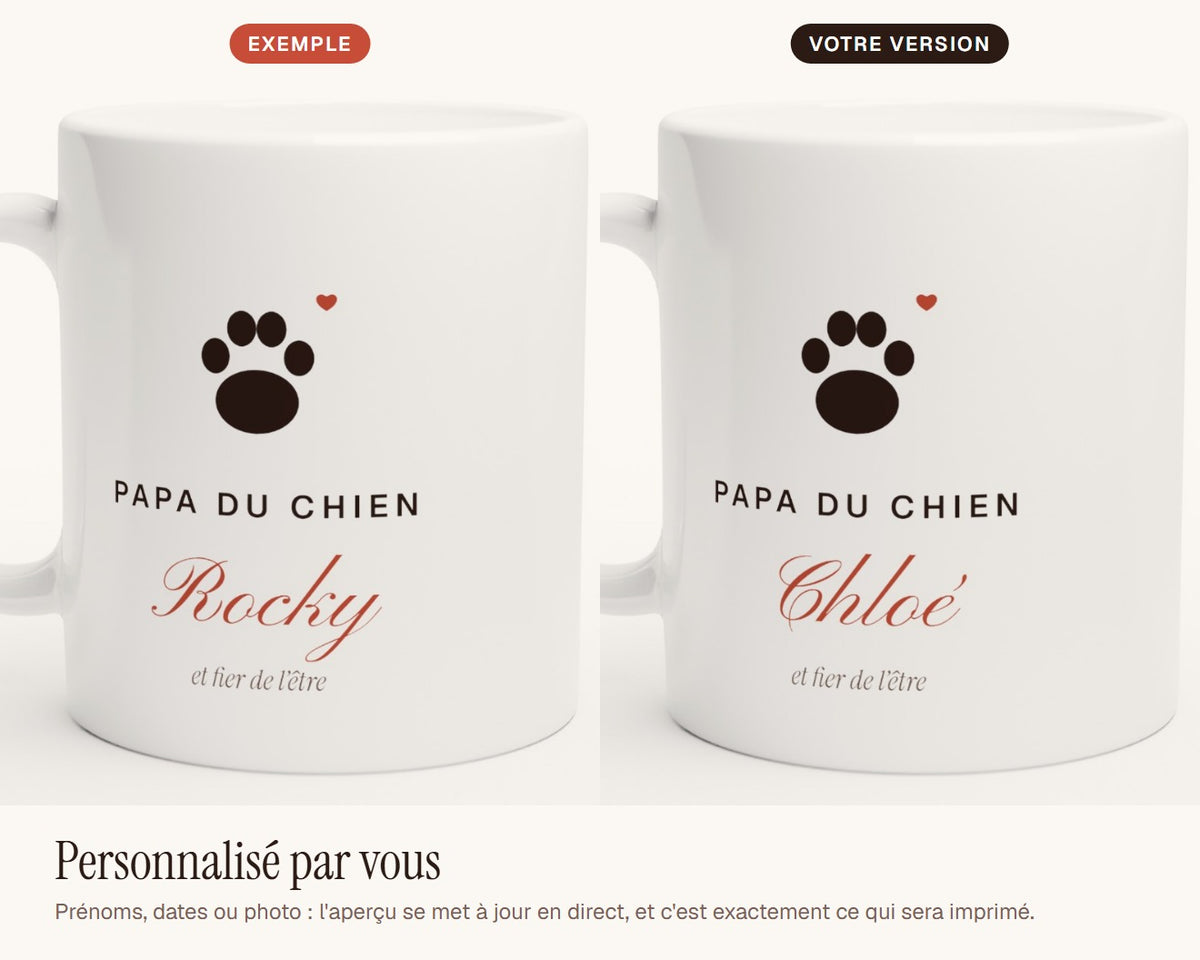 Mug « Papa du chien » personnalisé avec son nom – exemple de personnalisation