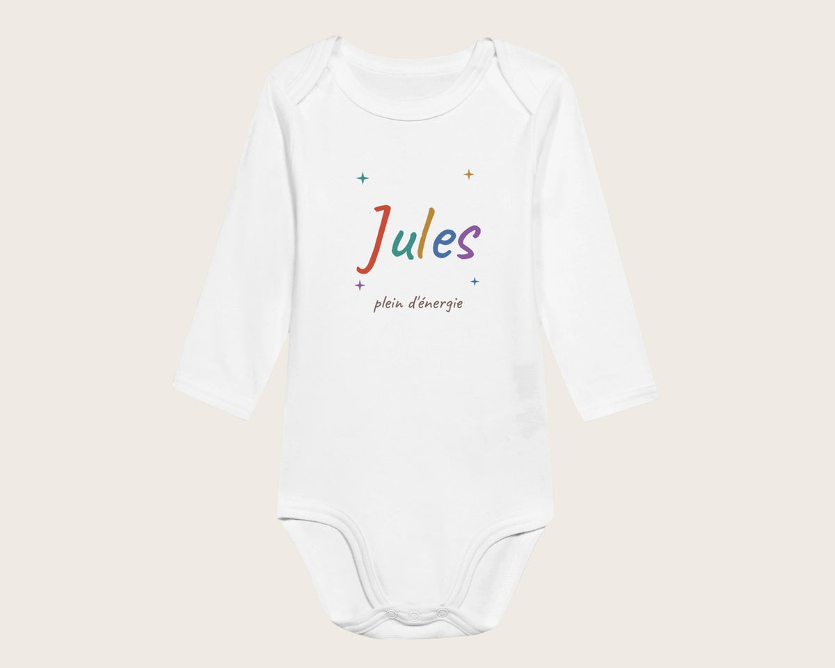Body bébé personnalisé avec son prénom en couleurs – body manches longues blanc