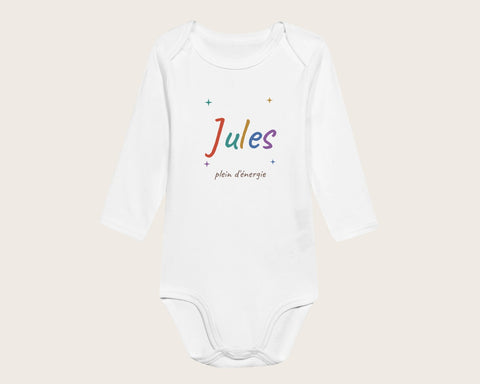 Body bébé personnalisé avec son prénom en couleurs – body manches longues blanc