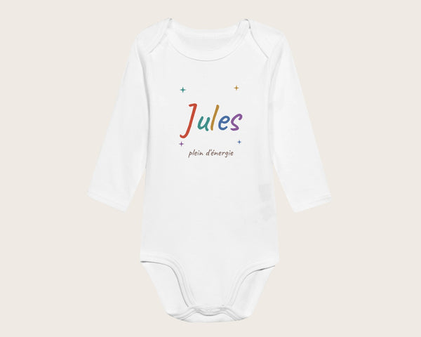 Body bébé personnalisé avec son prénom en couleurs – body manches longues blanc
