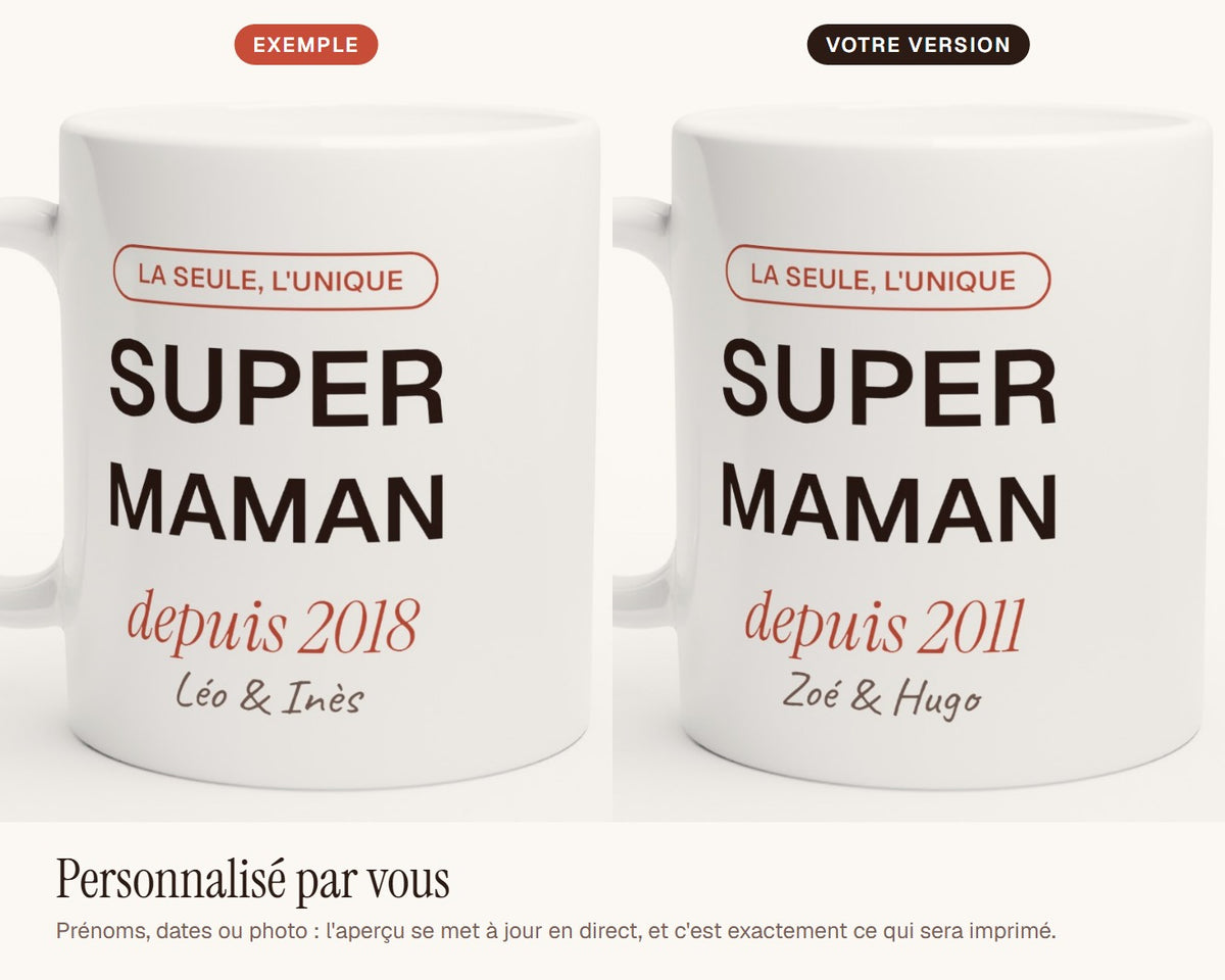 Mug personnalisé « Super Maman » avec l'année et les prénoms – exemple de personnalisation