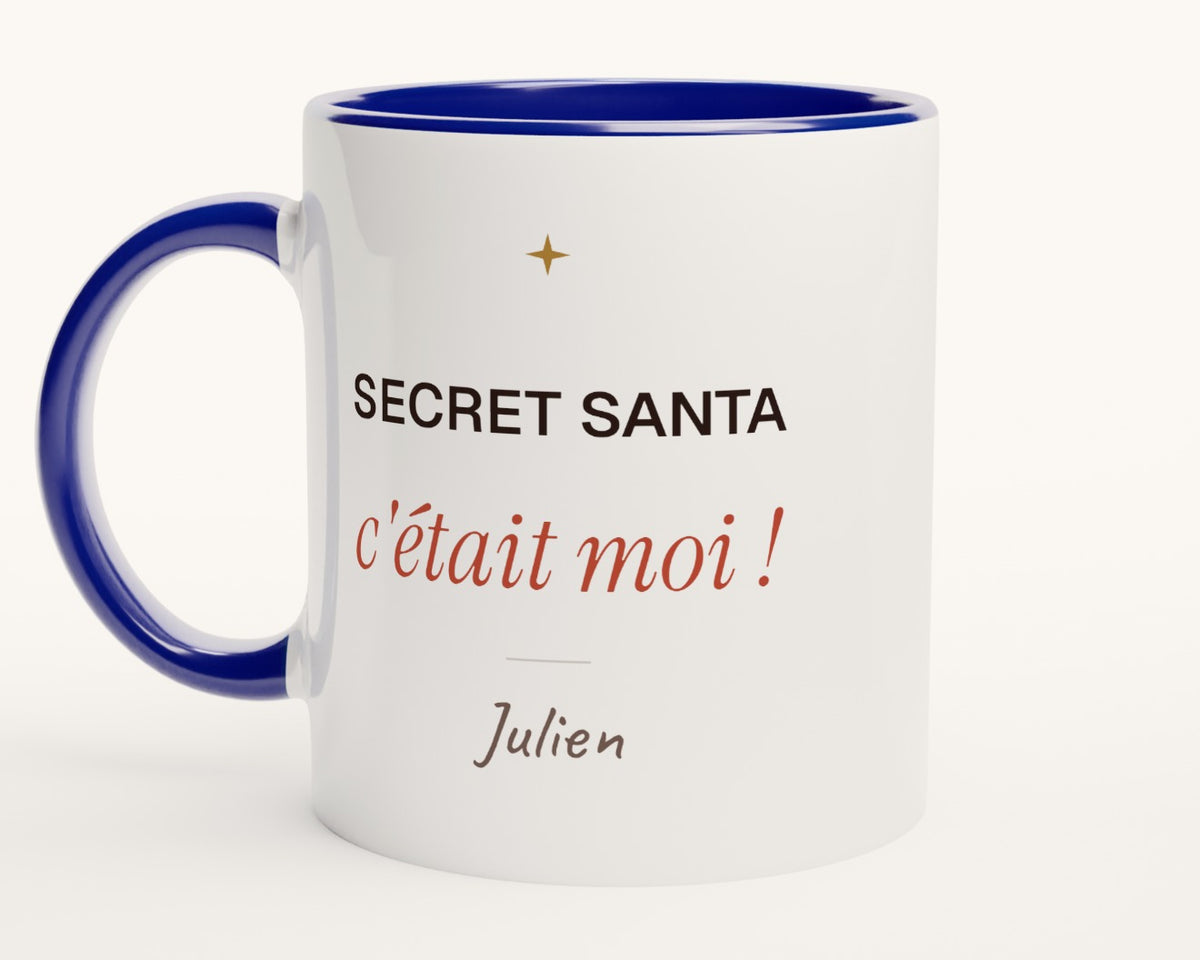 Mug « Secret Santa, c'était moi ! » personnalisé – intérieur et anse bleus