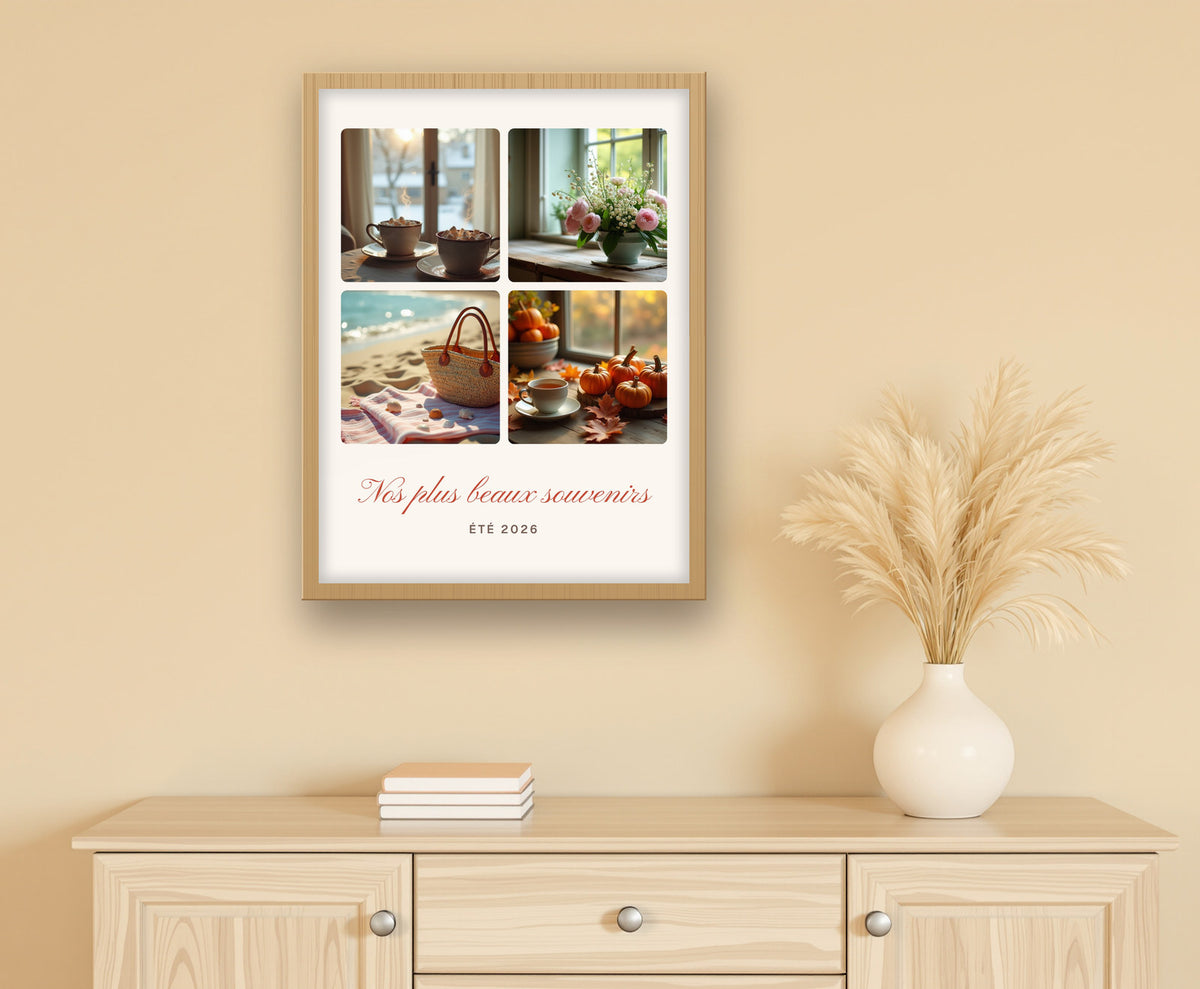 Affiche collage 4 photos personnalisée avec titre – mise en situation, encadrée au mur