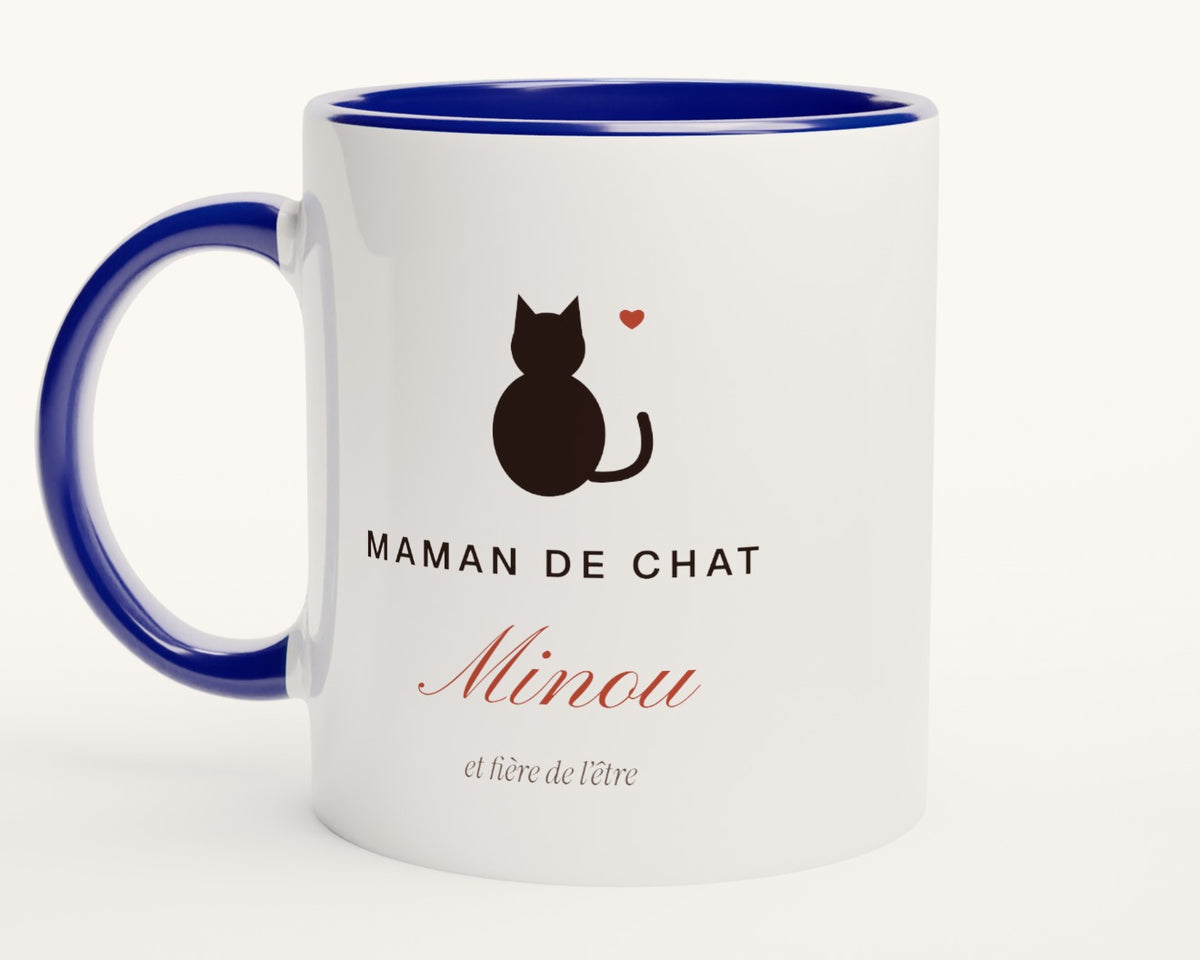 Mug « Maman de chat » personnalisé avec son nom – intérieur et anse bleus