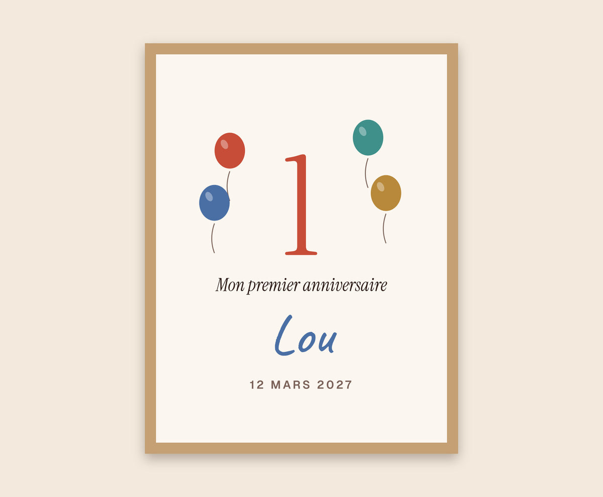 Affiche « Mon premier anniversaire » personnalisée – Affiche encadrée bois