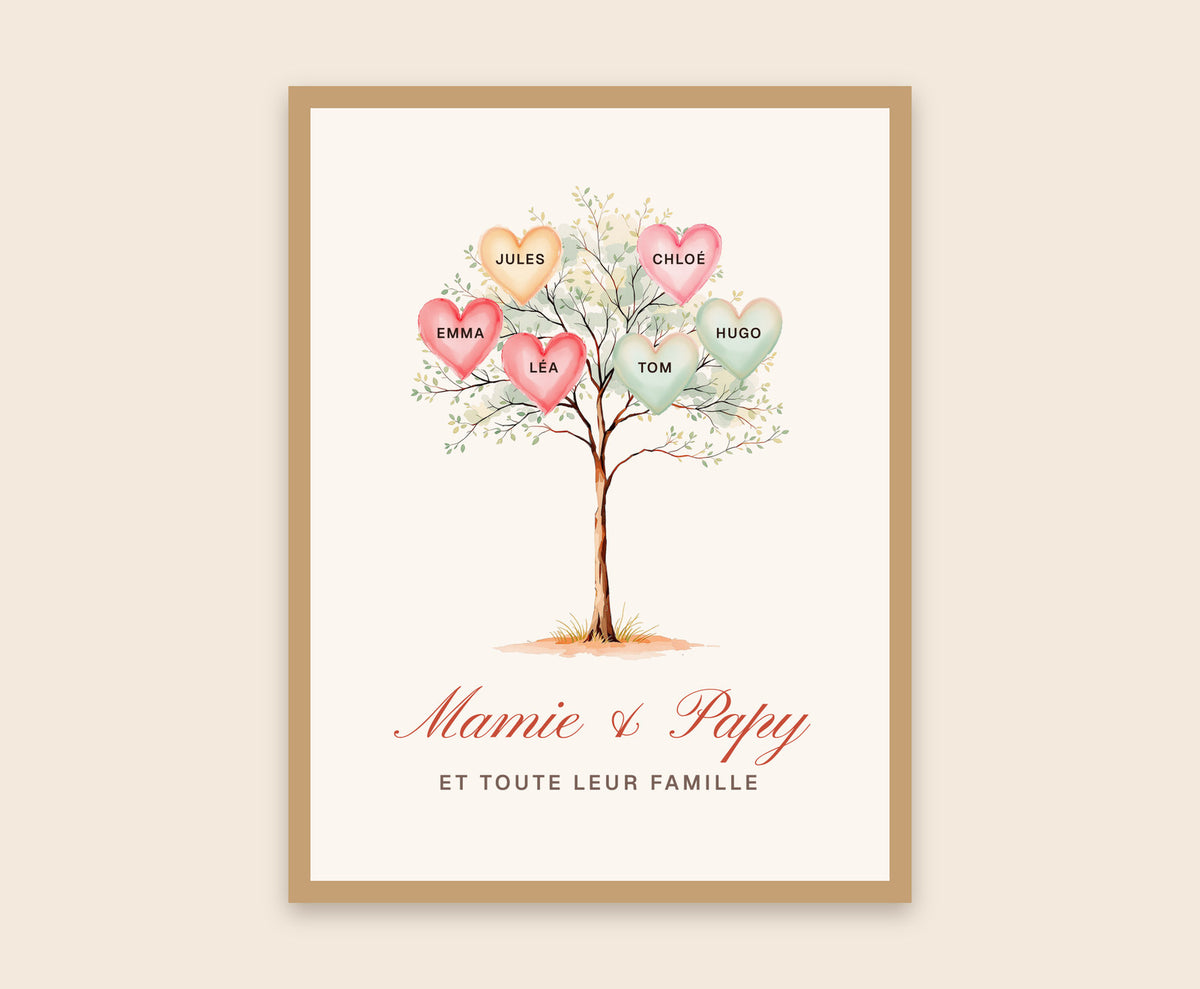 Affiche arbre de famille personnalisée pour les grands-parents – Affiche encadrée bois