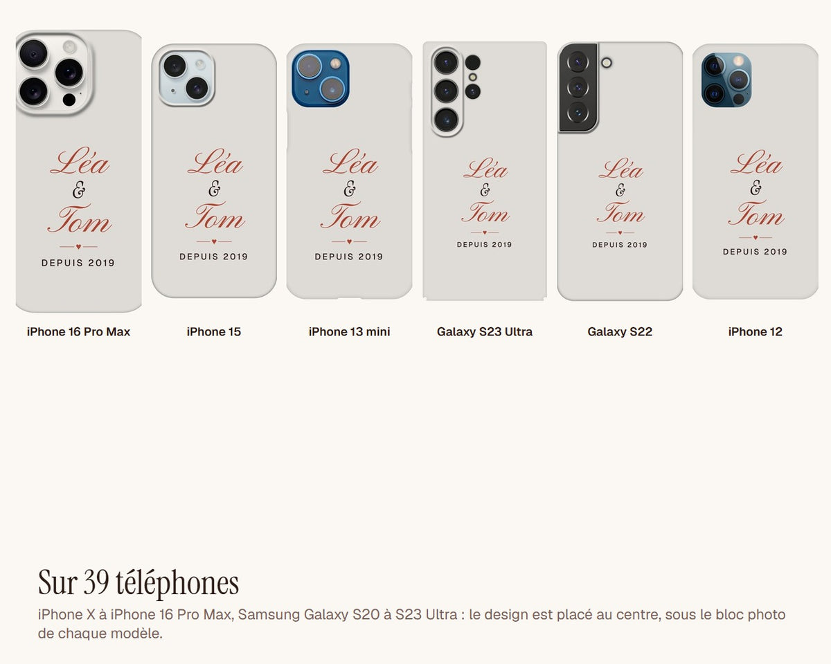 Coque de téléphone couple personnalisée avec vos prénoms – le design sur six téléphones