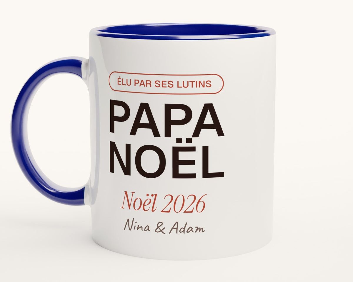 Mug « Papa Noël » personnalisé avec les prénoms des enfants – intérieur et anse bleus