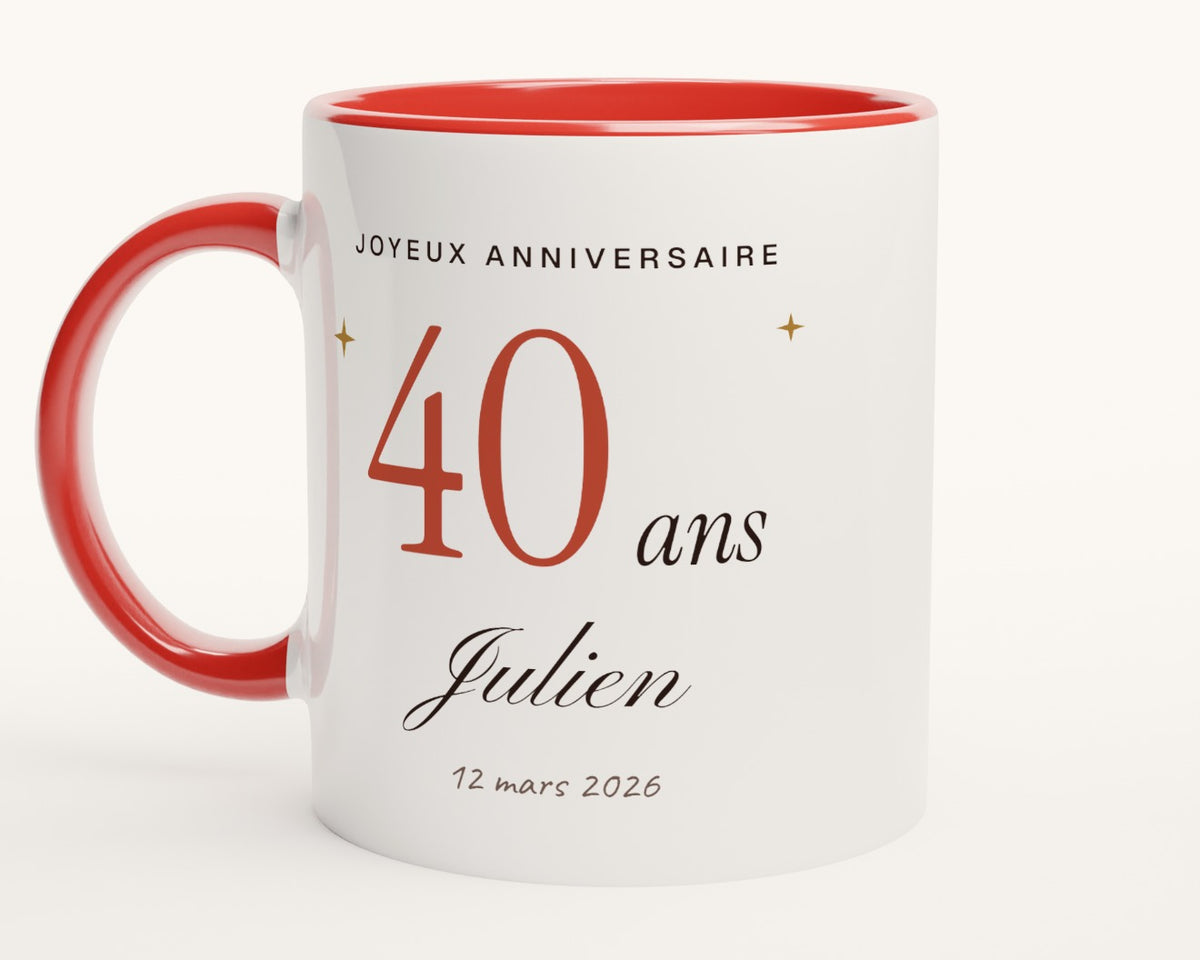 Mug personnalisé anniversaire avec l'âge et le prénom – intérieur et anse rouges
