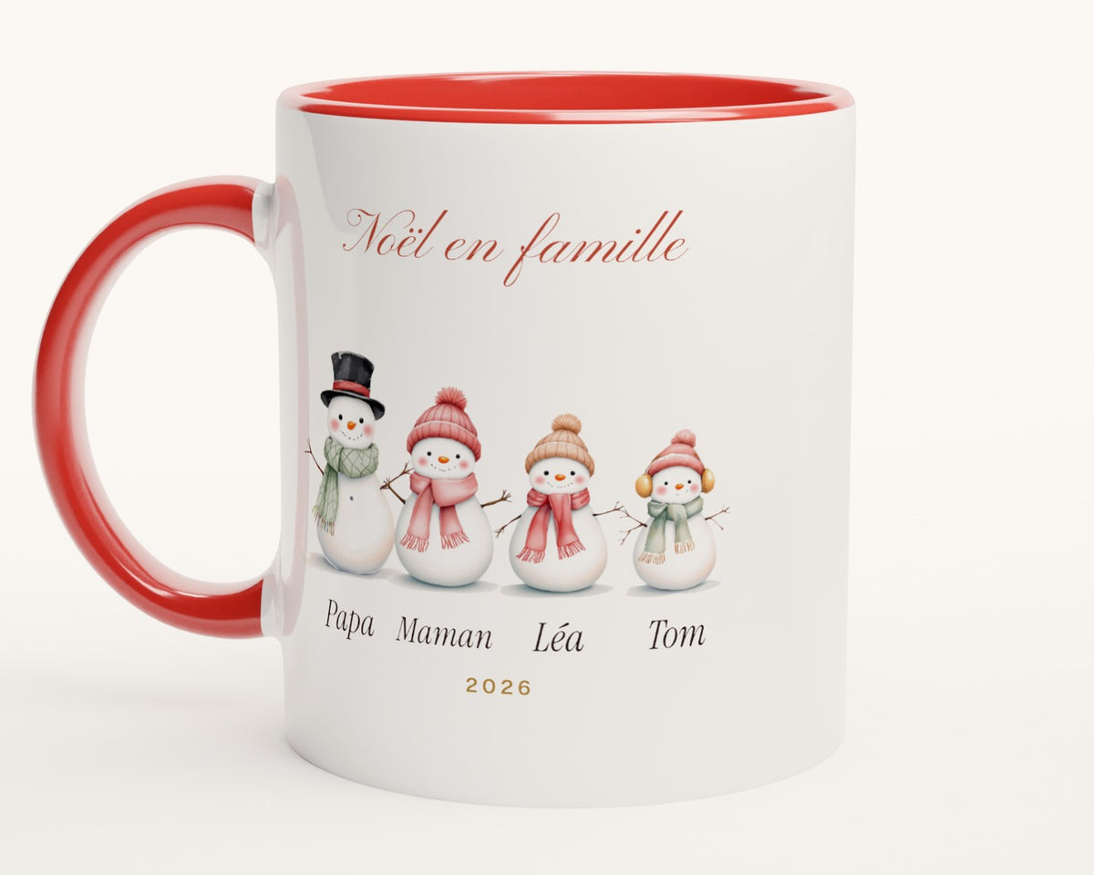 Mug bonshommes de neige de la famille personnalisé – intérieur et anse rouges