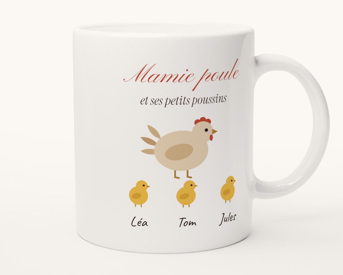 Mug « Mamie poule » personnalisé avec les prénoms des poussins – autre face, anse à droite