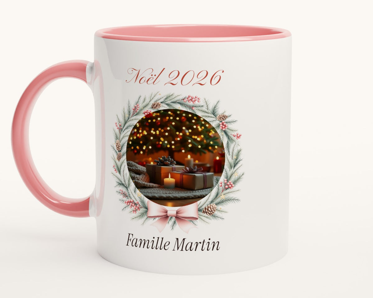 Mug photo de Noël personnalisé pour la famille – intérieur et anse roses