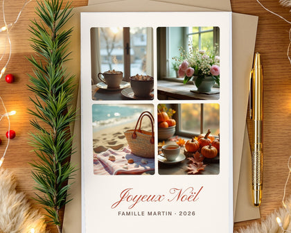 Carte de Noël collage 4 photos personnalisée (lot de 10)