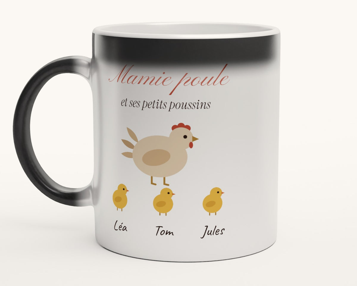 Mug « Mamie poule » personnalisé avec les prénoms des poussins – mug magique