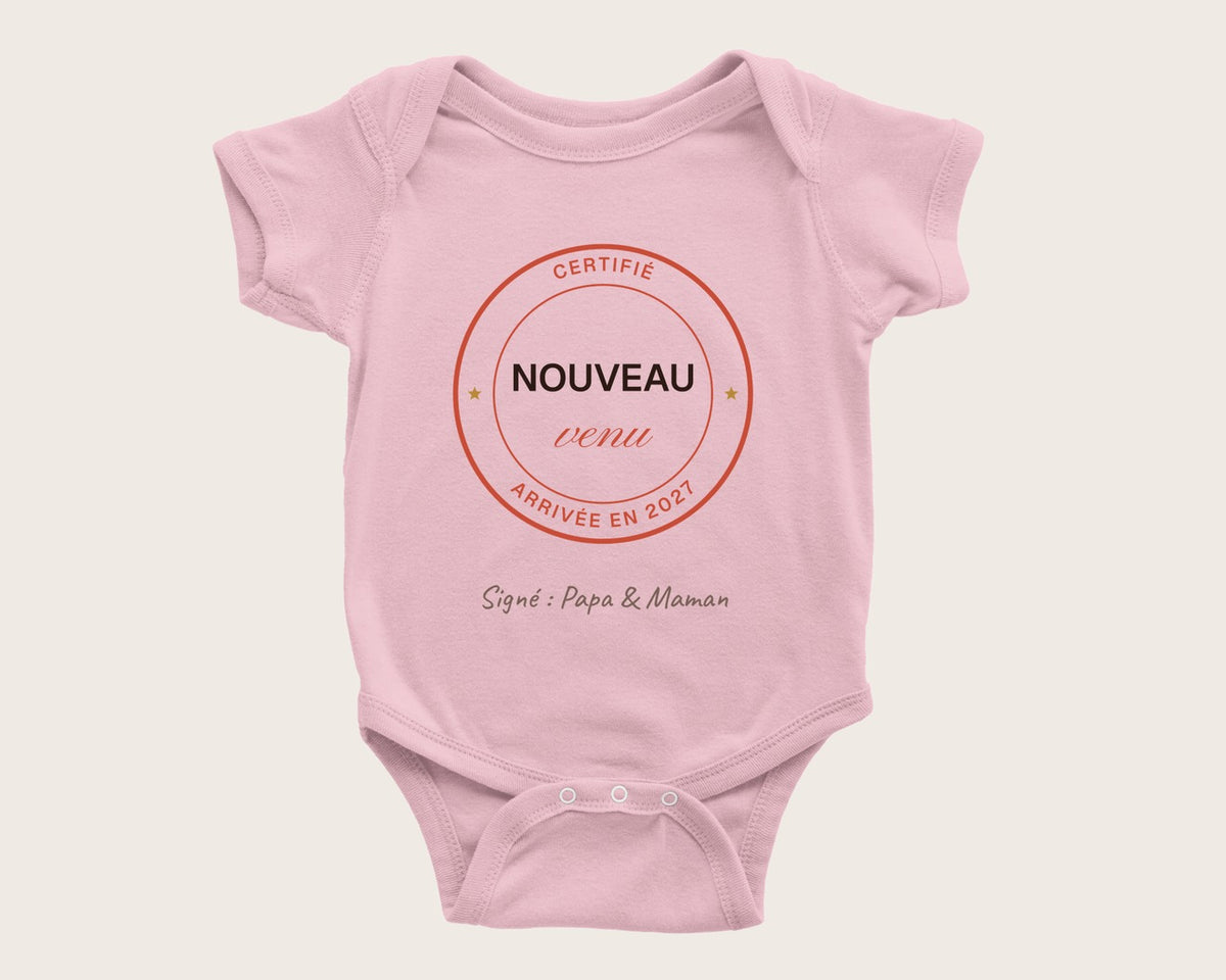 Body bébé annonce de grossesse « Nouveau venu » personnalisé – body manches courtes rose