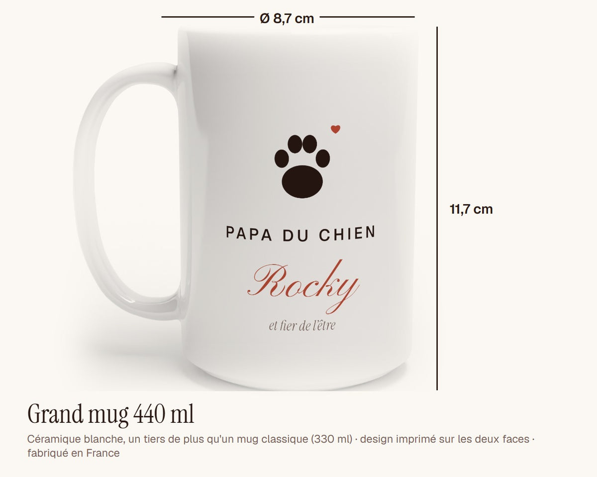 Mug « Papa du chien » personnalisé avec son nom – grand mug 440 ml, 11,7 cm de haut