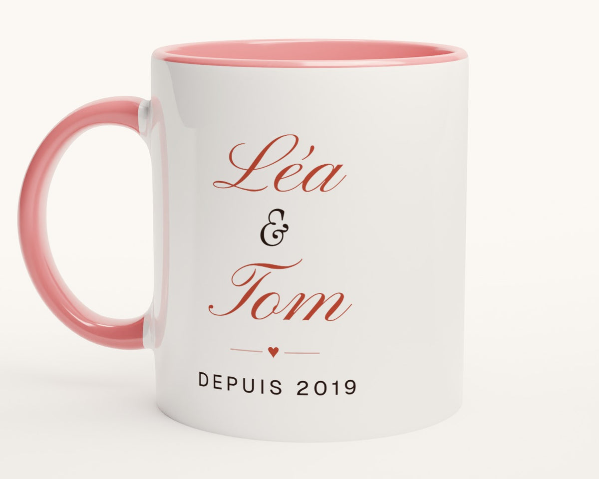 Mug personnalisé couple avec vos deux prénoms – intérieur et anse roses