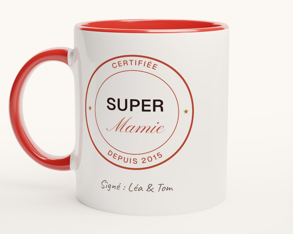 Mug « Super Mamie certifiée » personnalisé – intérieur et anse rouges