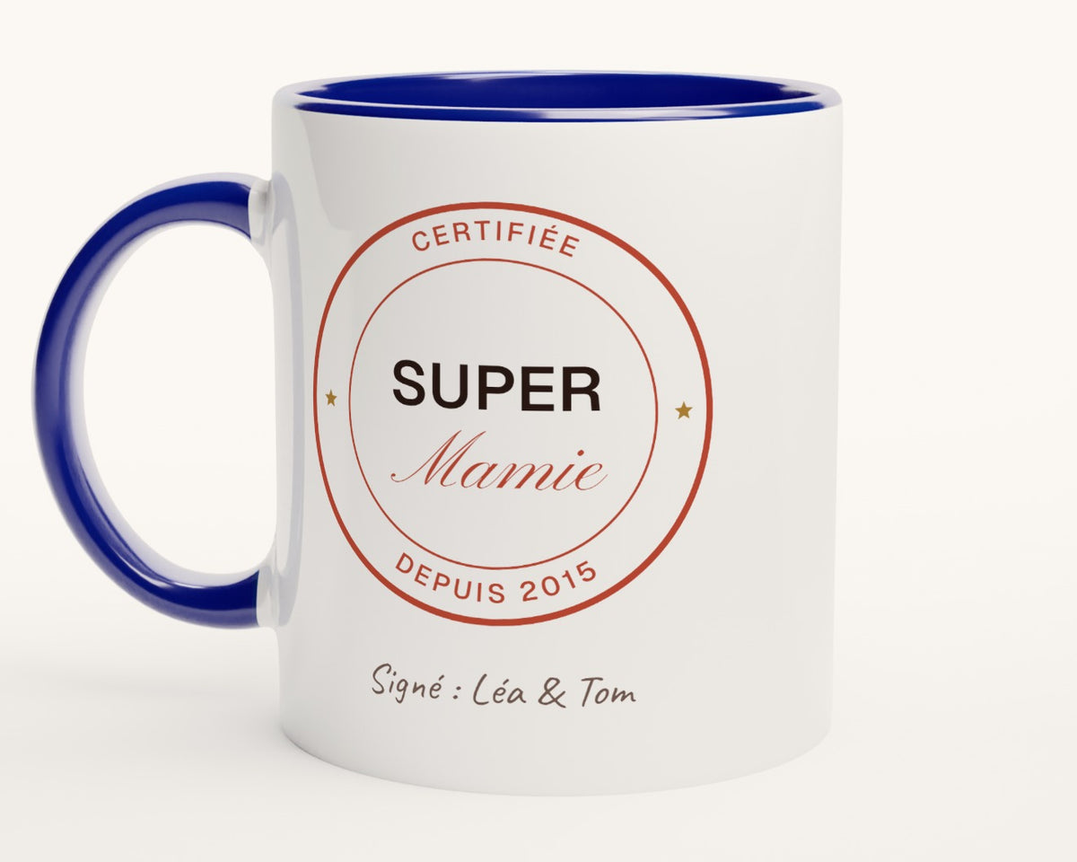 Mug « Super Mamie certifiée » personnalisé – intérieur et anse bleus