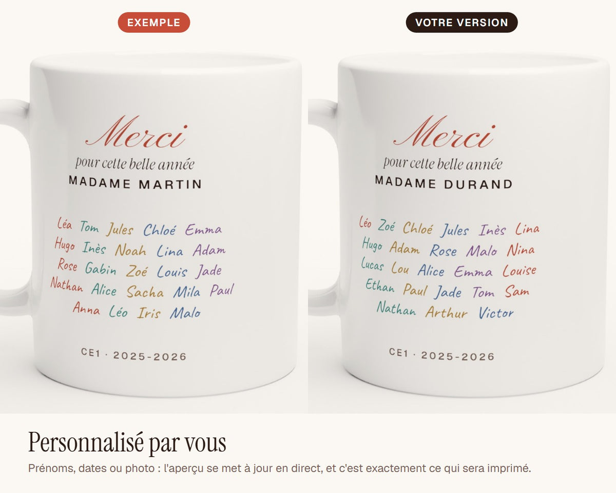 Mug « Merci » avec les prénoms de toute la classe – exemple de personnalisation