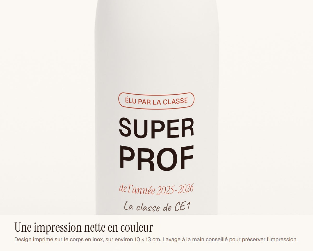 Gourde « Super prof » personnalisée – gros plan sur l'impression