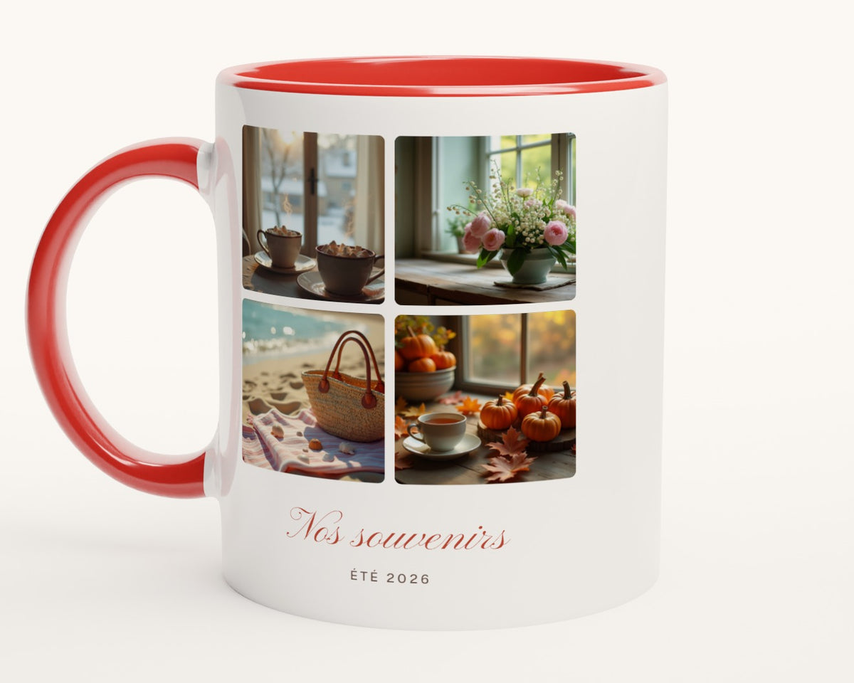 Mug collage 4 photos personnalisé – intérieur et anse rouges