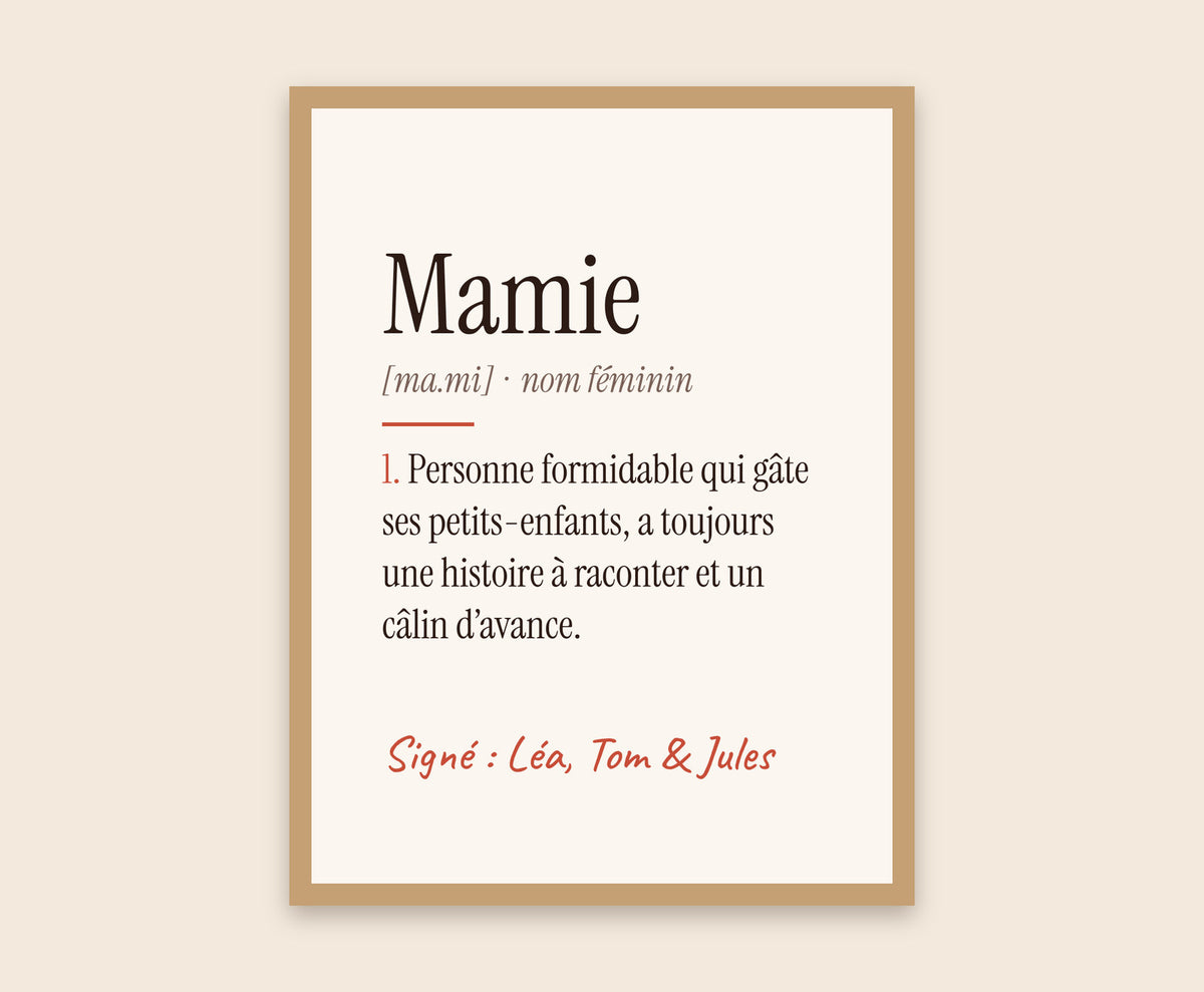 Affiche « Définition de Mamie » personnalisée – Affiche encadrée bois