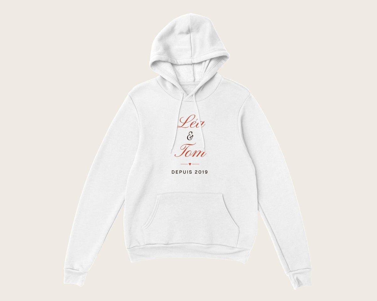Sweat couple personnalisé avec vos prénoms – sweat à capuche blanc